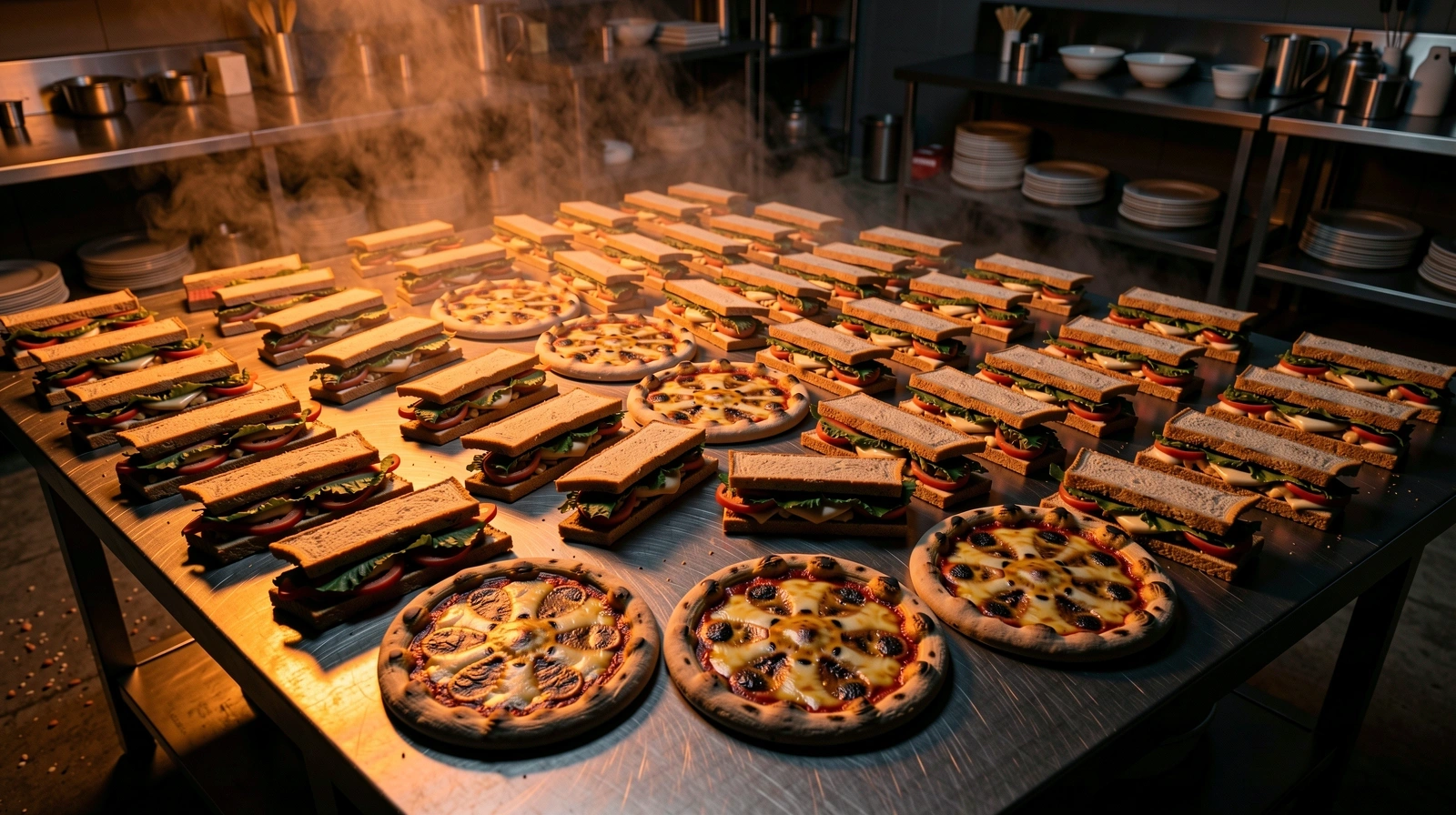 Massive catering spread of hot sandwiches and pizzas