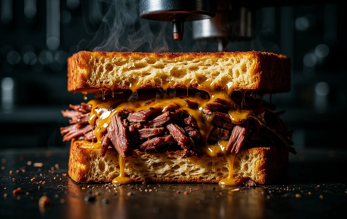 A hot slab sandwich being pressed